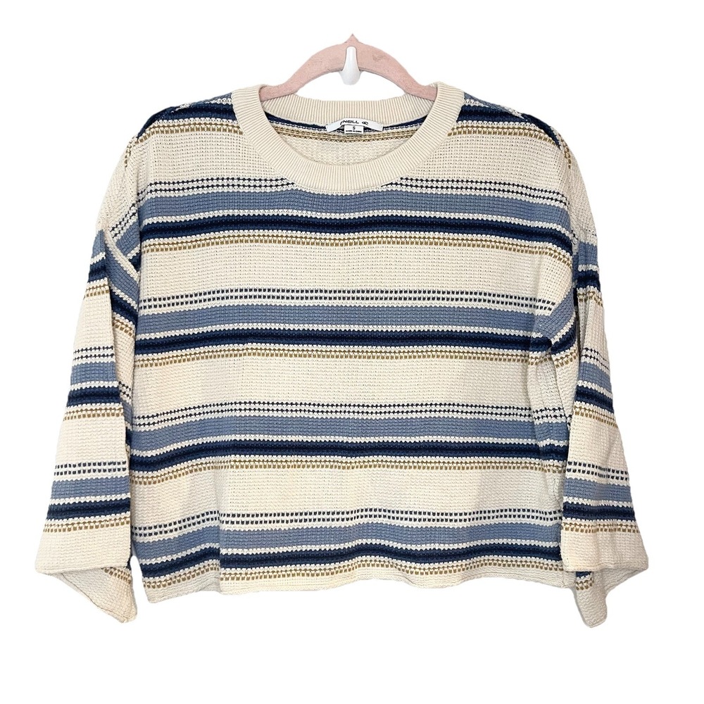 Oneill Beige Blue Striped Knit Crew Crop Top Bell Sleeve Beach Coastal Boho Sz S